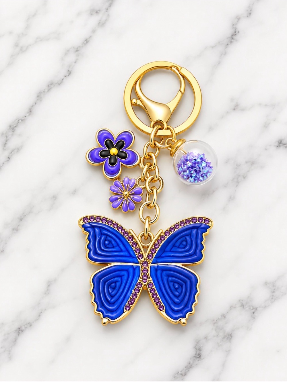 Purple enamel Butterfly and Flower Bag Charm/Keyring on Gold Hardware